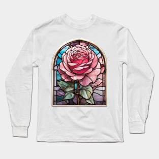 Pink Rose Stained Glass Window (758) Long Sleeve T-Shirt